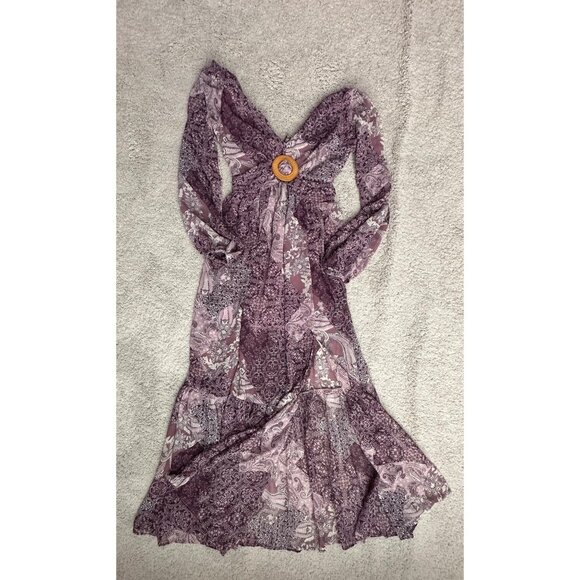 Jessica Simpson Dress Sz XS Boho Maxi Paisley Print Long Sleeve V-Neck Back Tie - Picture 8 of 16